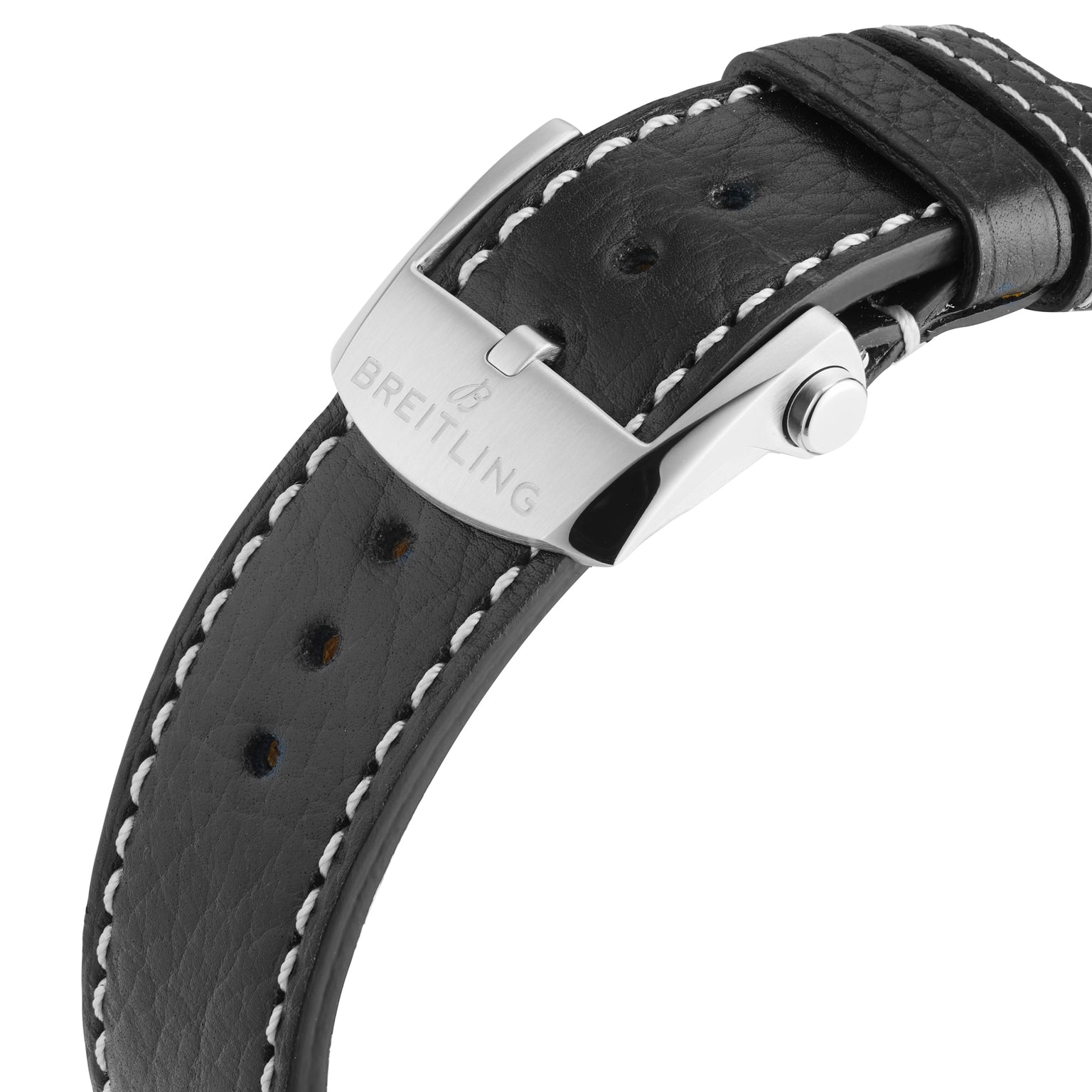 Close-up of a black leather strap with white stitching and a stainless steel buckle engraved with Breitling, designed for the Top Time B01 Triumph watch.