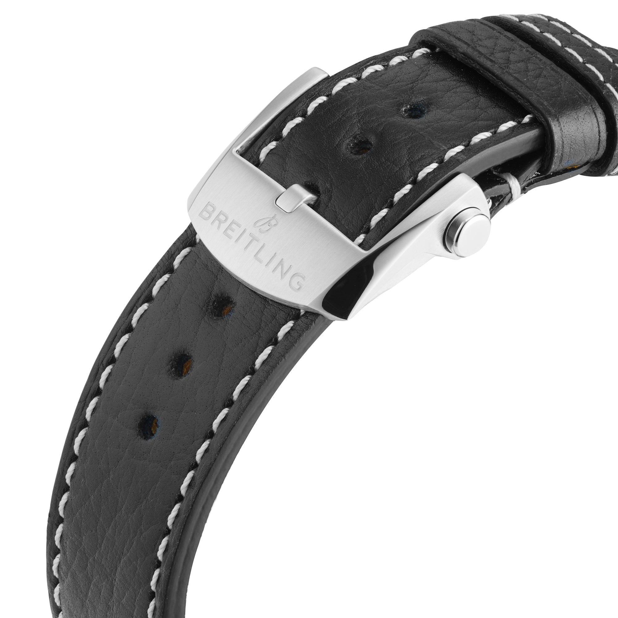 Close-up of a black leather strap with white stitching and a stainless steel buckle engraved with Breitling, designed for the Top Time B01 Triumph watch.