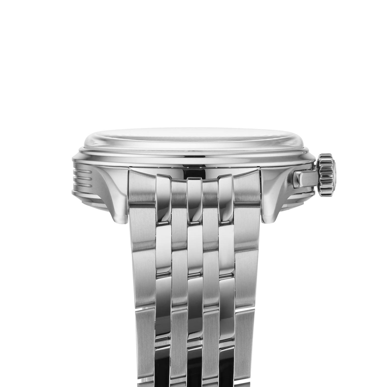 Side view of the Breitling Premier B01 Chronograph 42, featuring a silver metal link band, round bezel, and visible crown and case thickness against a white background—luxuriously designed in the spirit of the iconic Premier collection.