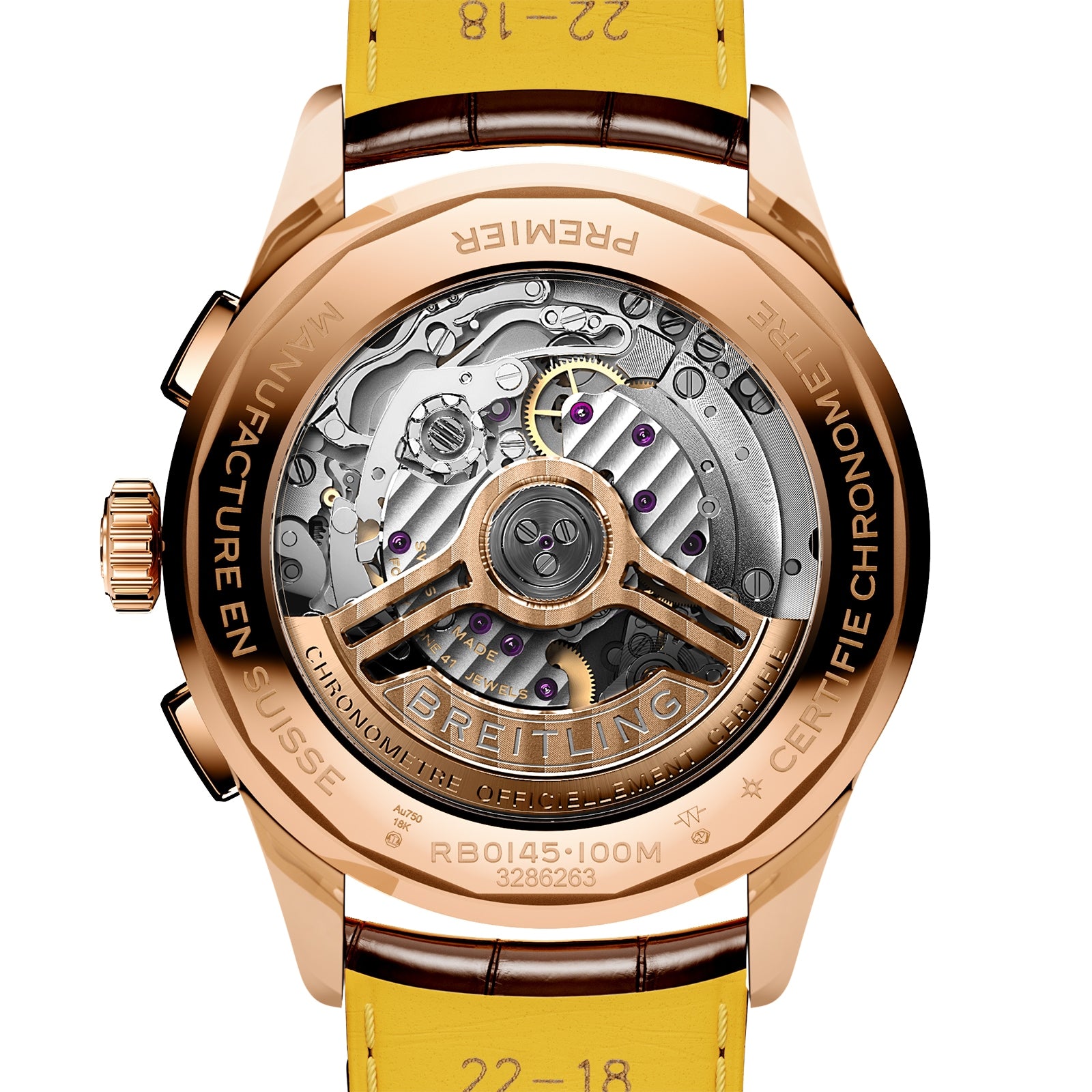 Close-up of the Breitling Premier B01 Chronograph 42’s back, featuring an 18K red gold case, visible COSC-certified movement, engraved details, and a yellow leather strap.