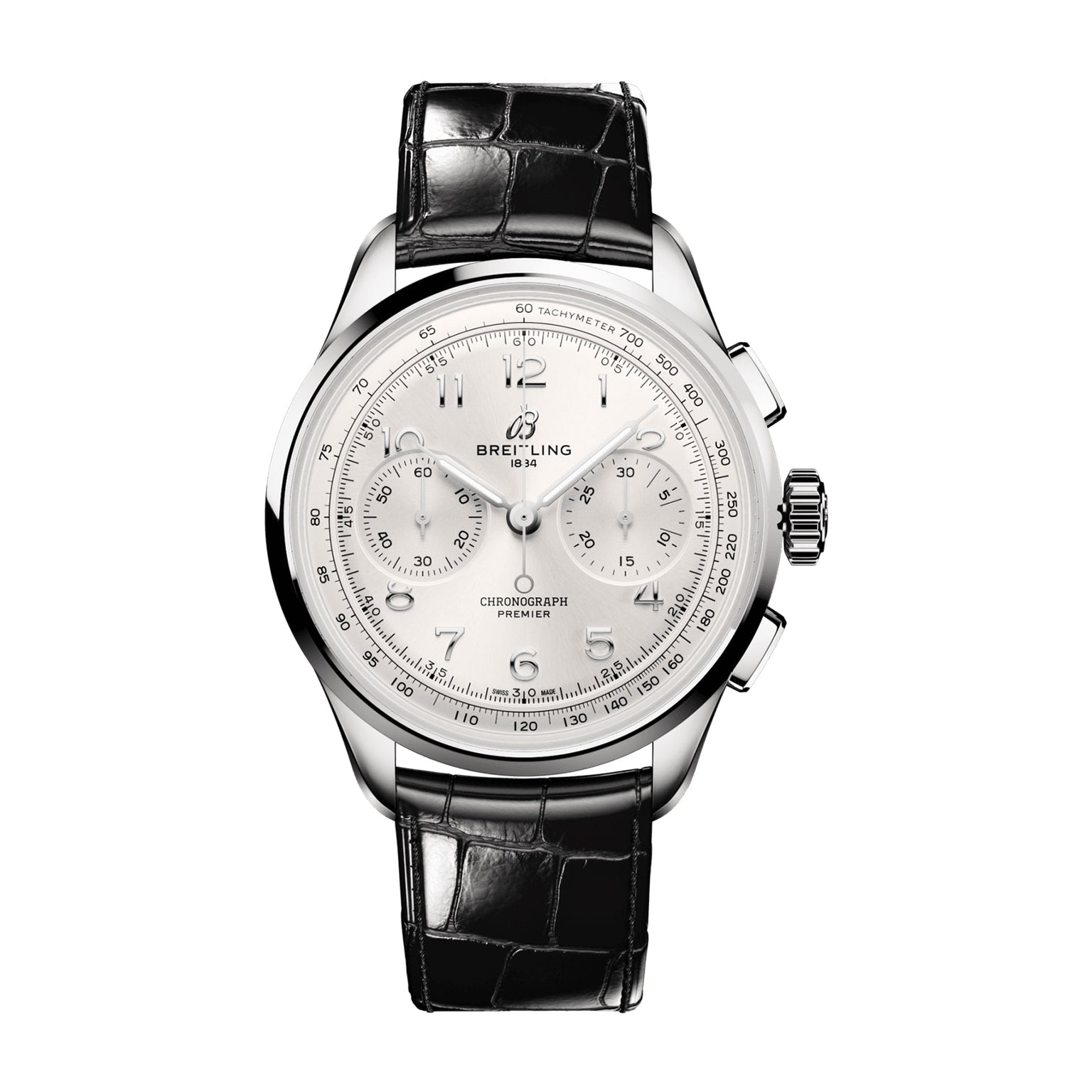 The Breitling Premier B09 Chronograph 42 features a stainless steel case, black leather strap, three subdials, and a tachymeter bezel.