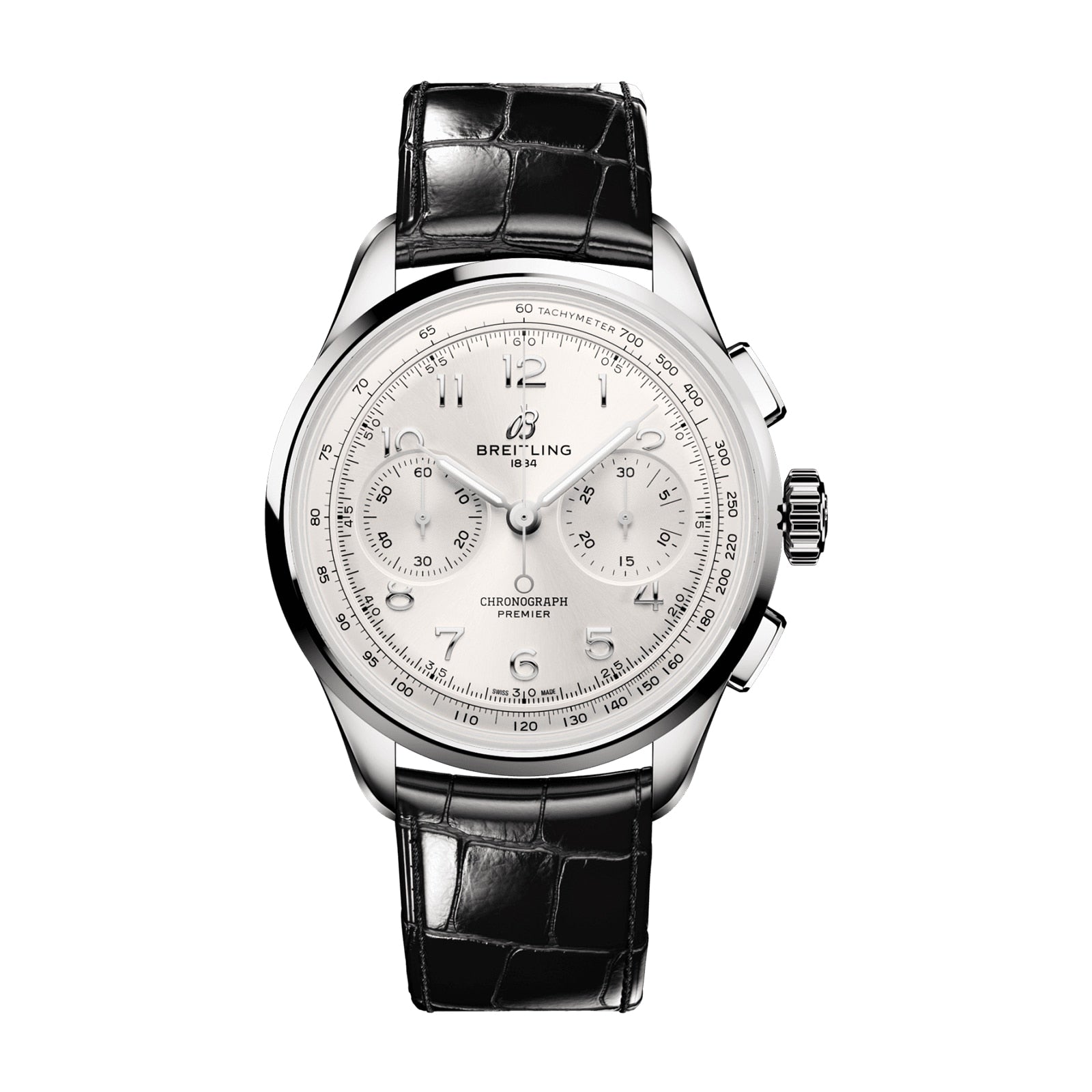 The Breitling Premier B09 Chronograph 42 features a stainless steel case, black leather strap, three subdials, and a tachymeter bezel.