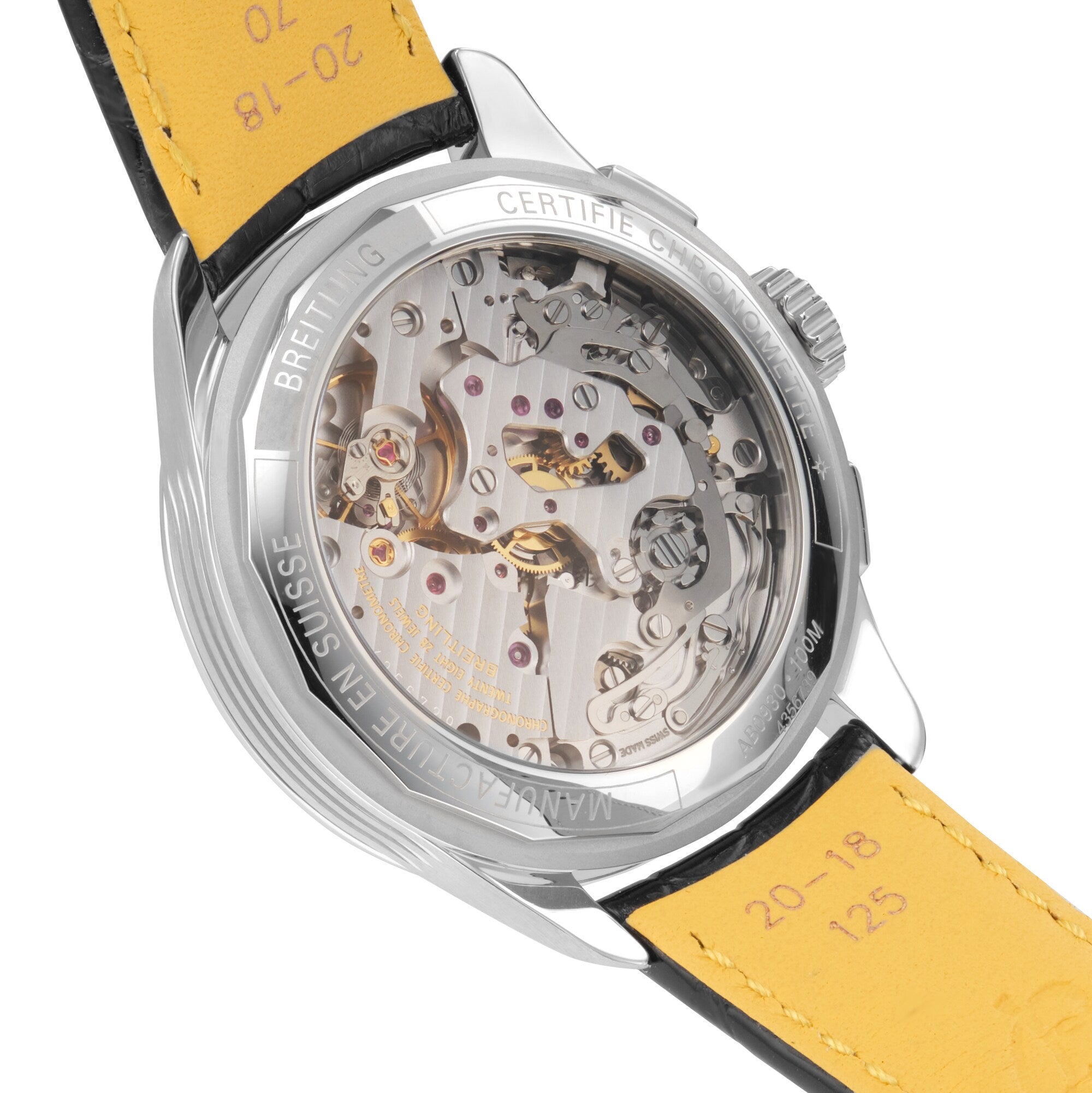 Close-up of the back of the Breitling Premier B09 Chronograph 42 watch, featuring its exposed mechanical movement visible through a transparent case.
