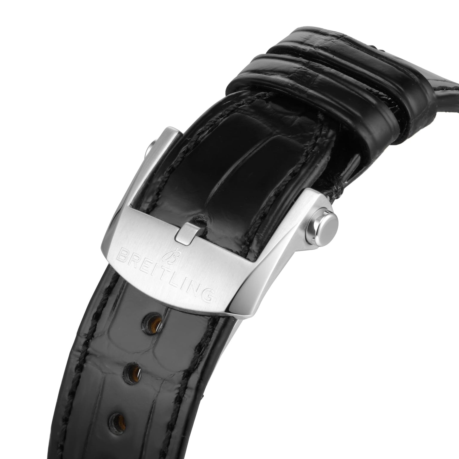 Close-up of a black leather strap with a stainless steel clasp engraved with Breitling, showcasing the Premier B09 Chronograph 42’s craftsmanship and attention to detail.