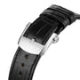 Close-up of a black leather strap with a stainless steel clasp engraved with Breitling, showcasing the Premier B09 Chronograph 42’s craftsmanship and attention to detail.