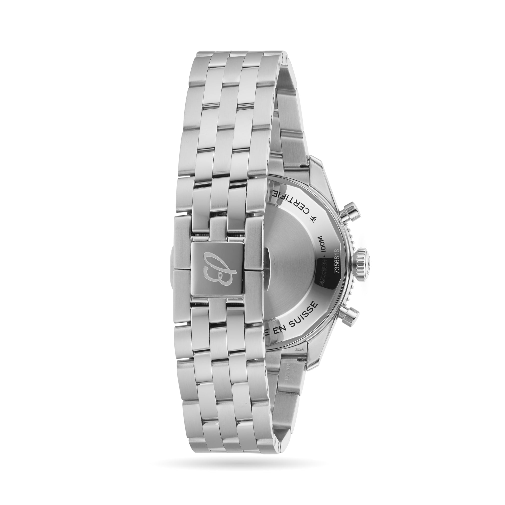 Back view of the Breitling Classic AVI Chronograph 42 Tribute To Vought F4U, featuring a stainless steel case, metal link bracelet, butterfly clasp, and engraved case back inspired by the iconic Vought F4U Corsair.