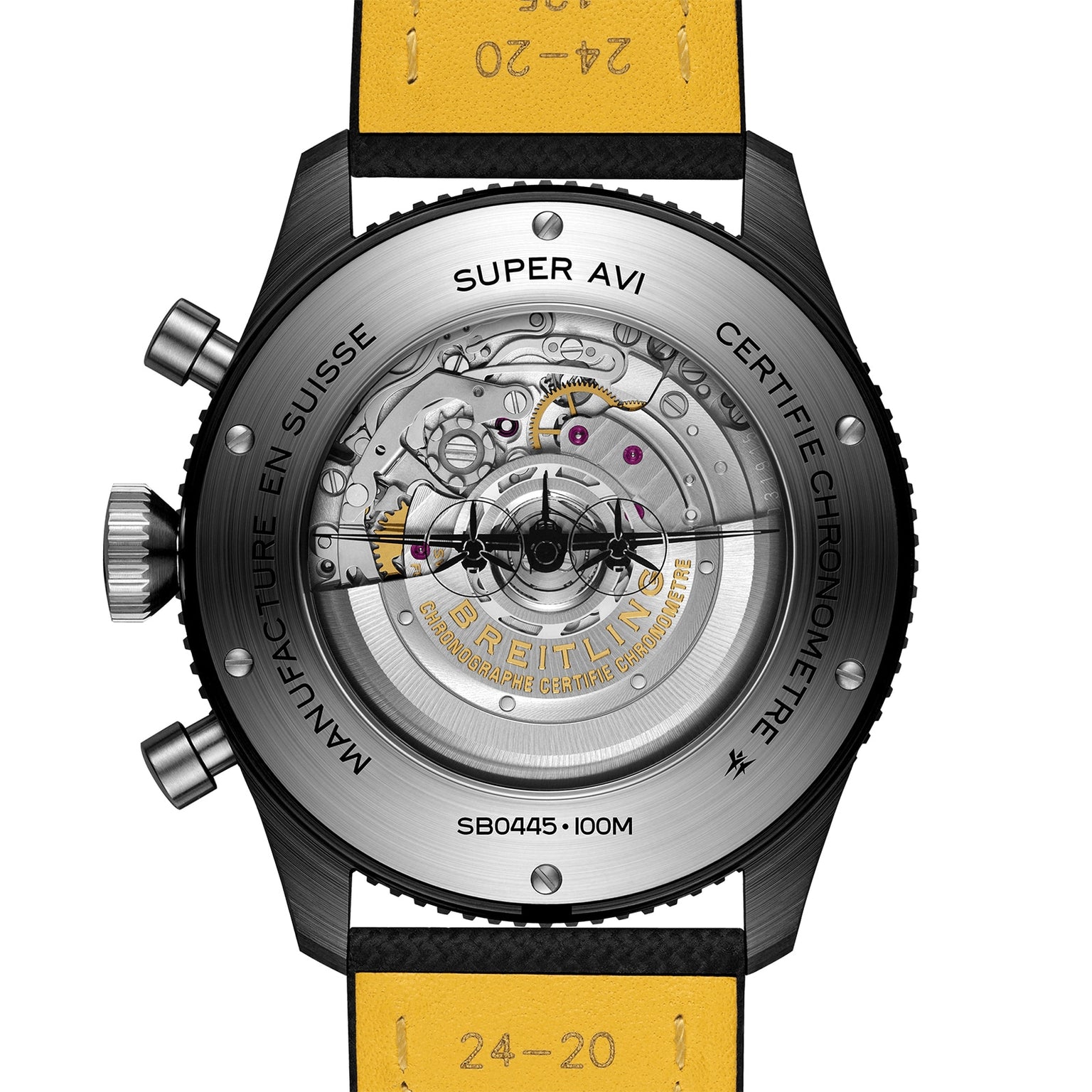 Close-up of the Breitling Super AVI B04 Chronograph GMT Mosquito Night’s caseback, revealing its mechanical movement, aviation-inspired engravings, and a yellow leather strap with measurement markings—honoring the de Havilland Mosquito.