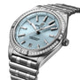 The Breitling Chronomat Automatic 36 features a silver case, ice blue dial, diamond-set hour markers, diamond bezel, date window at 6 o’clock, and a sleek metal bracelet.