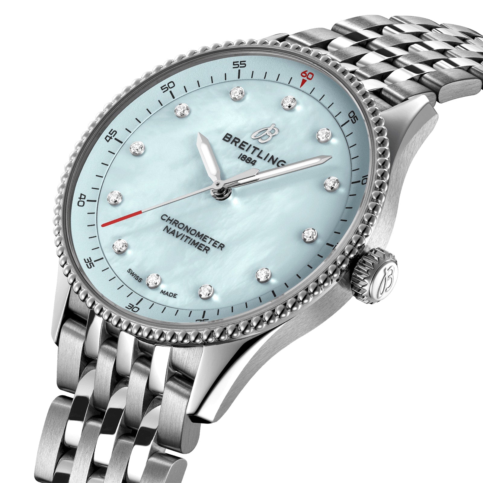 The Breitling Navitimer Automatic GMT 41 features a stainless steel band, light blue mother-of-pearl dial, diamond hour markers, red-tipped seconds hand, and precise SuperQuartz™ movement.