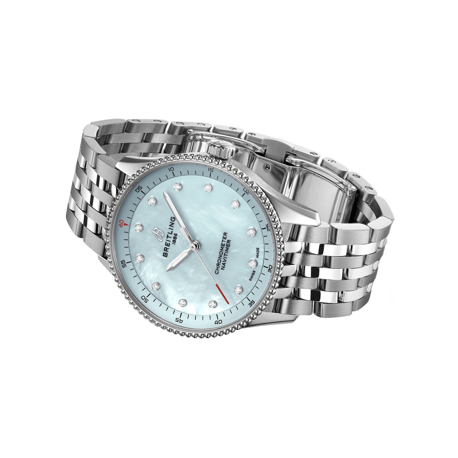 The Breitling Navitimer Automatic GMT 41 features a stainless steel case, light blue mother-of-pearl dial with diamond hour markers, five-link metal bracelet, and precise SuperQuartz™ movement.