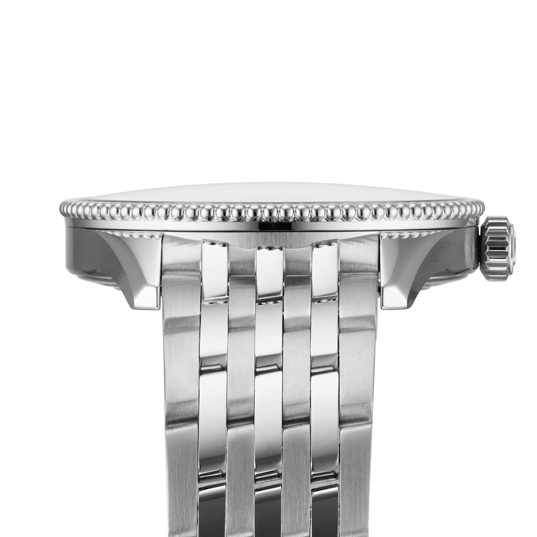 Side view of the Breitling Navitimer Automatic GMT 41 in silver, showcasing a textured bezel, metal crown, and stainless steel link bracelet—driven by the Breitling Calibre 77 SuperQuartz™ movement for superb accuracy.