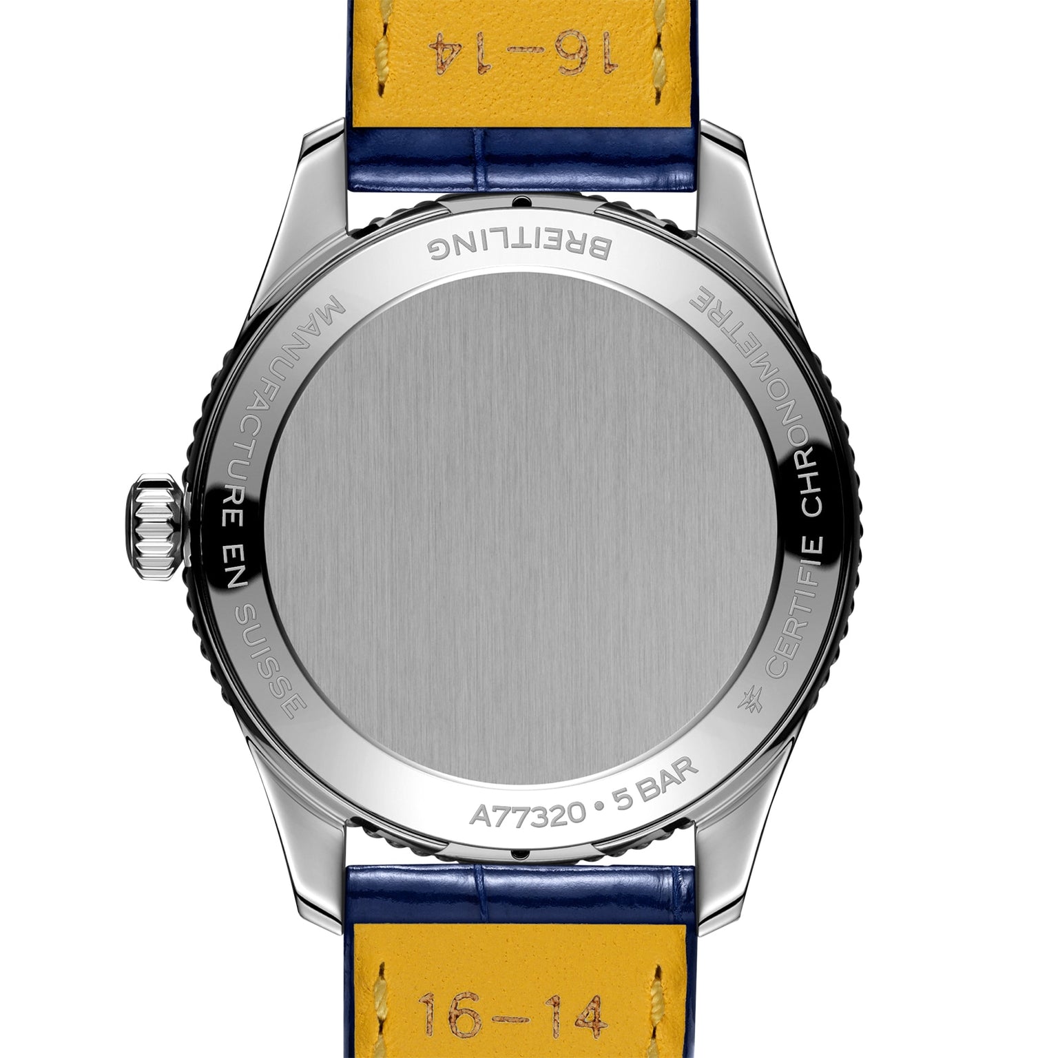 The back of a Breitling Navitimer 32 wristwatch features a metal case, blue and yellow leather strap, and engraved details highlighting the model and specifications.