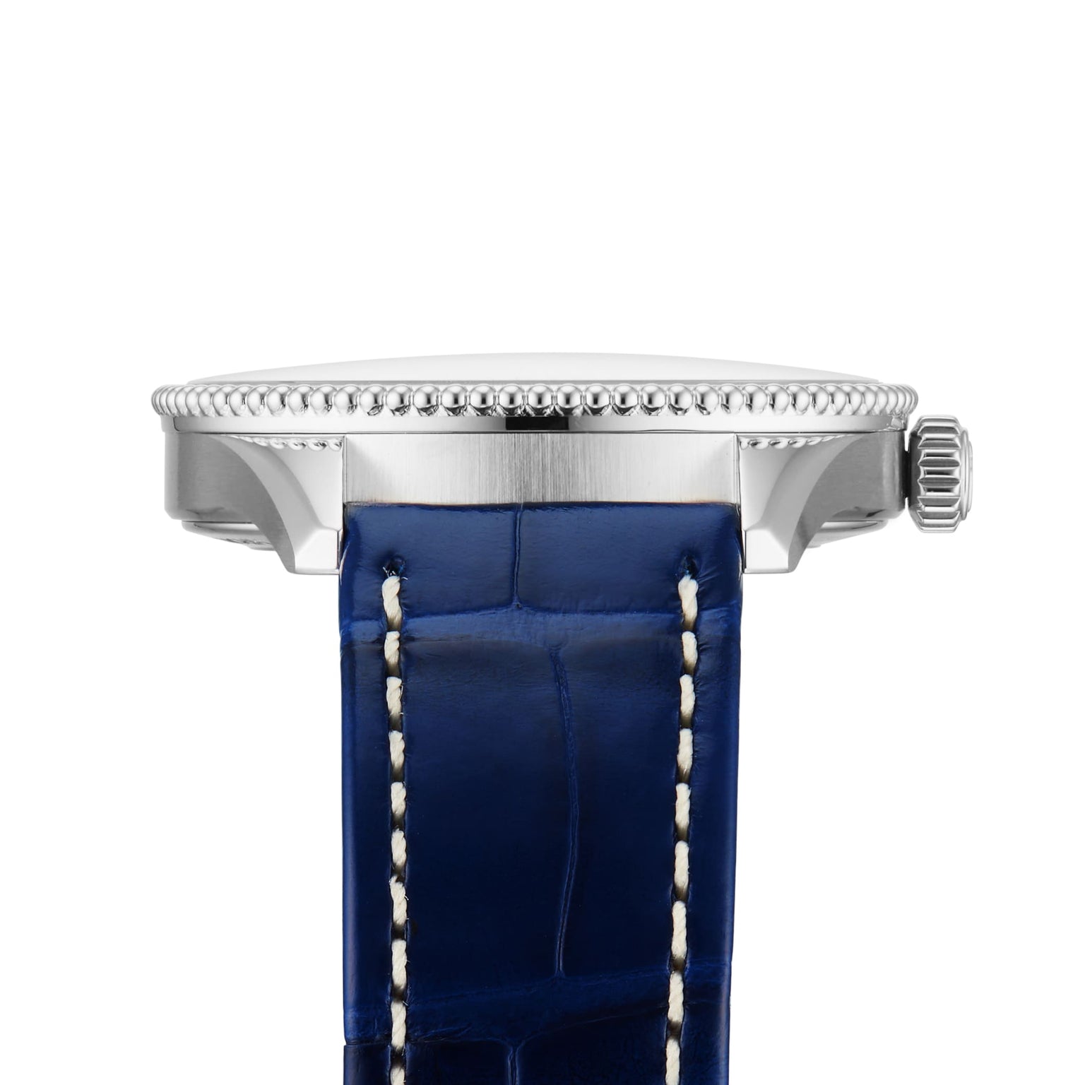 Side view of the Breitling Navitimer 32 watch case in silver, featuring a textured bezel, blue leather strap with white stitching, right-side crown, and diamond hour markers on a blue mother-of-pearl dial.