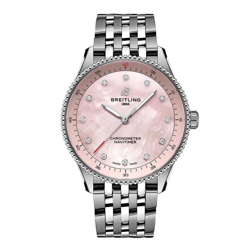 The Breitling Navitimer 32 features a pink mother-of-pearl dial with diamond hour markers, a stainless steel case, and a silver link bracelet, all powered by the precise Breitling Calibre 77.