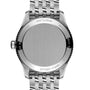 Back view of the Breitling Navitimer 32 showcasing its stainless steel case, engraved blank case back, and metal linked bracelet.