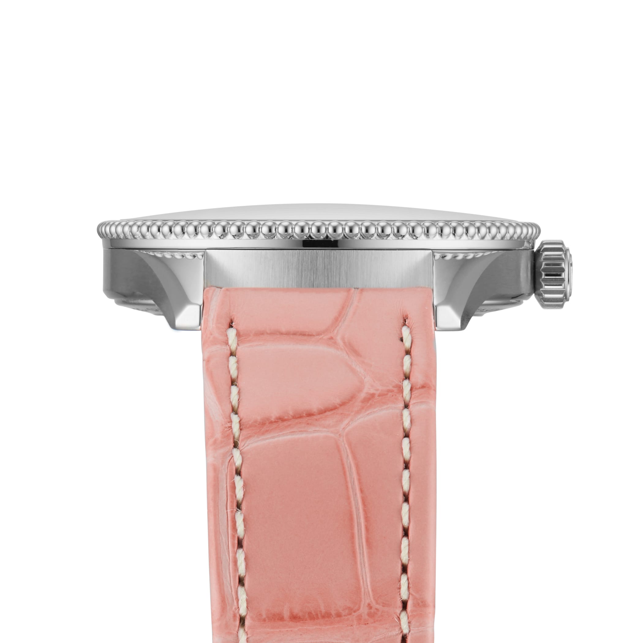 Side view of the Breitling Navitimer 32 with a silver case, beaded bezel, crown, pink leather strap with white stitching, and sparkling diamond hour markers.