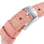 Close-up of a pink crocodile leather strap with white stitching and a silver Breitling buckle, perfectly complementing the Navitimer 32’s signature style and elegant diamond hour markers.