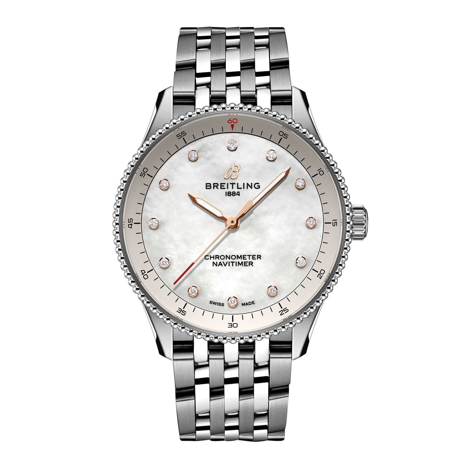 The Breitling Navitimer 32 boasts a stainless steel bracelet, white dial with diamond hour markers, minimalist design, and precise SuperQuartz™ movement for outstanding accuracy.
