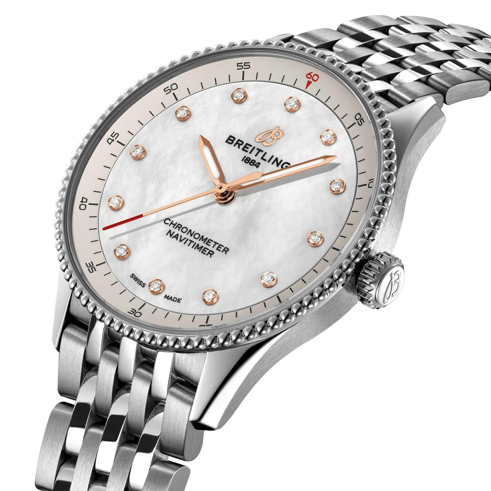 The Breitling Navitimer 32 features a silver case, mother-of-pearl dial with diamond hour markers, gold hands, link bracelet, and is powered by the precise Breitling Calibre 77 SuperQuartz™ movement.