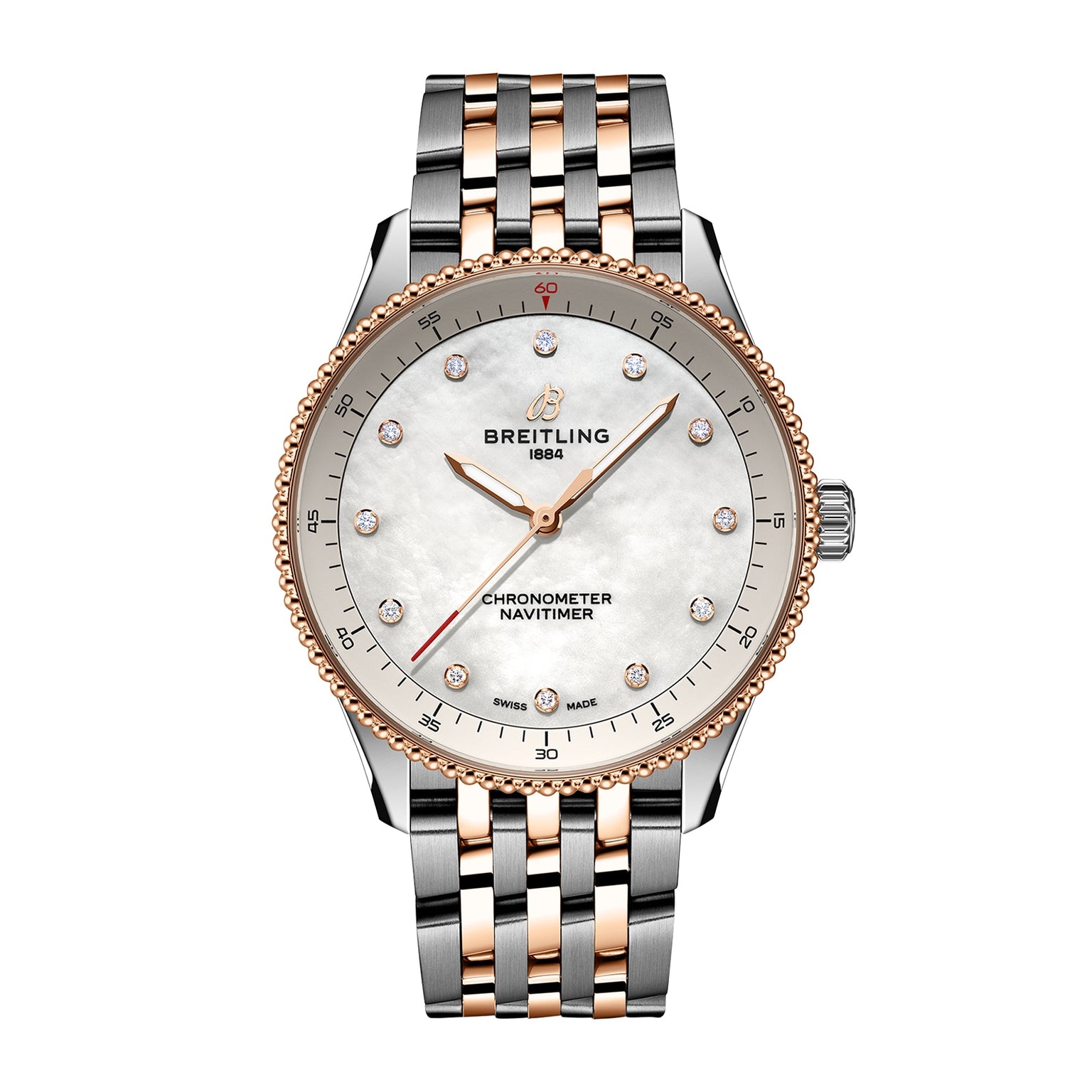 The Breitling Navitimer 32 features SuperQuartz™ movement, a two-tone bracelet, mother-of-pearl dial with diamond hour markers, gold bezel, and three hands.