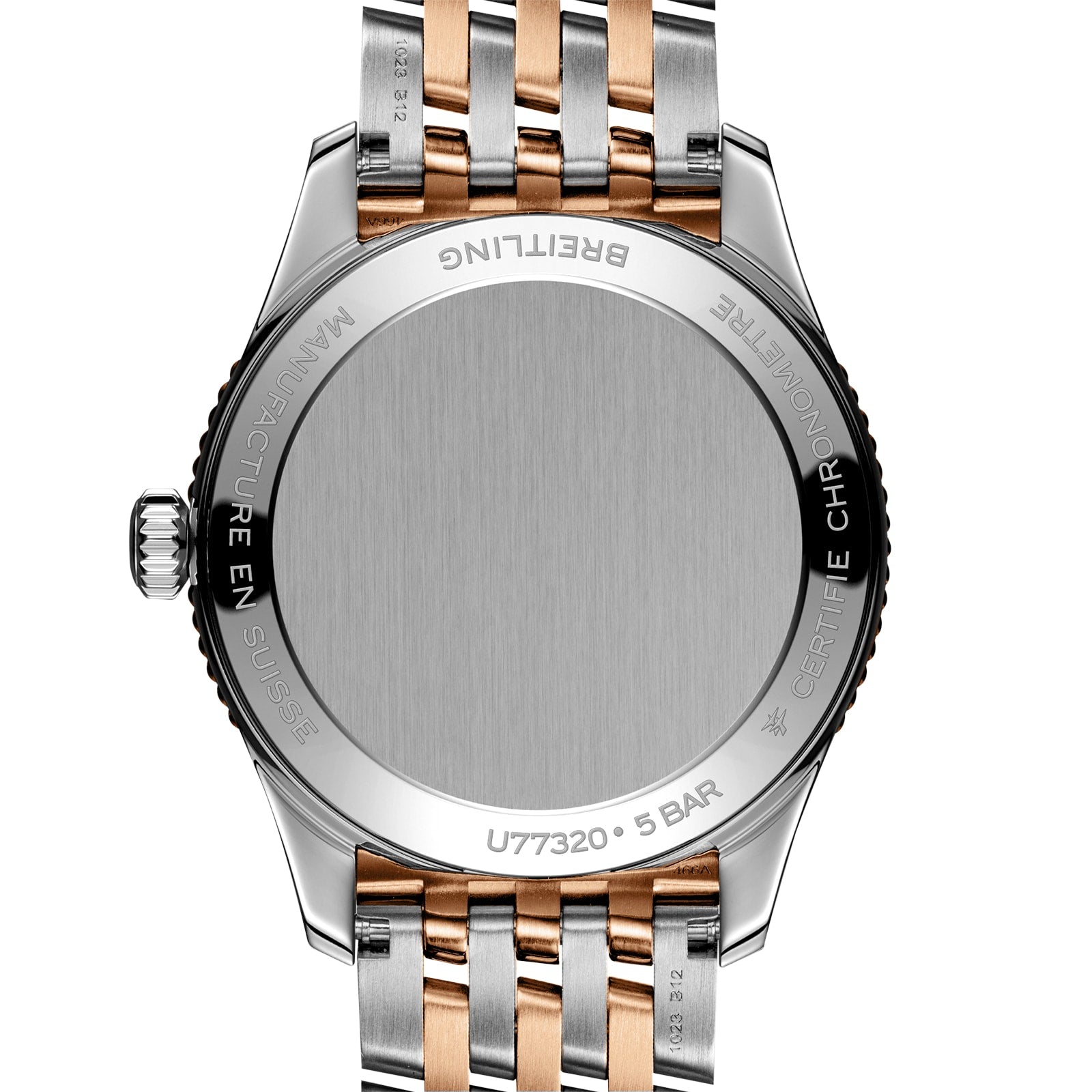Close-up view of the back of a Breitling Navitimer 32 wristwatch featuring a silver and 18K red gold metal bracelet and engraved detailing around the case edge.