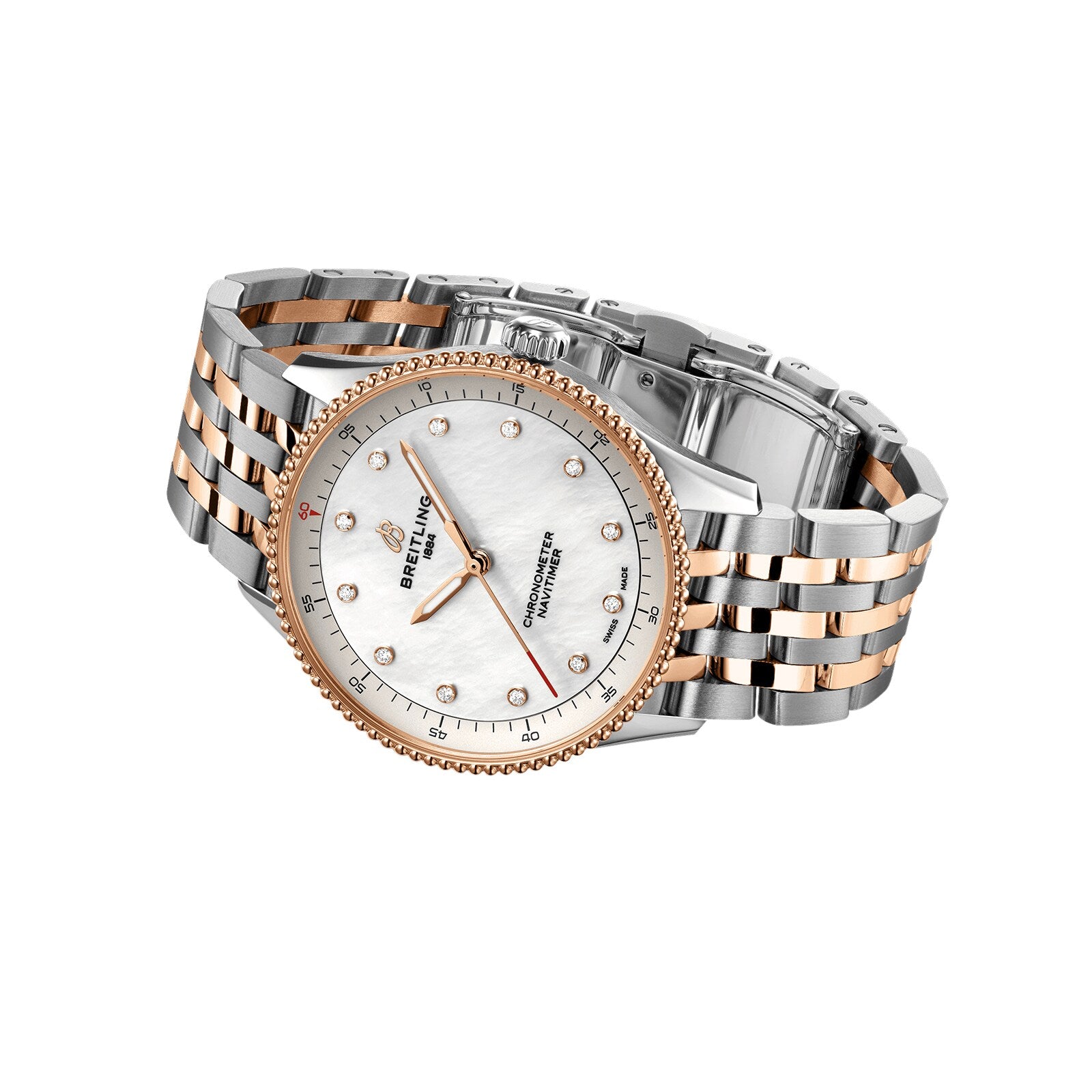 The Breitling Navitimer 32 features a two-tone silver and 18K red gold band, white dial with diamond hour markers, and a date window.