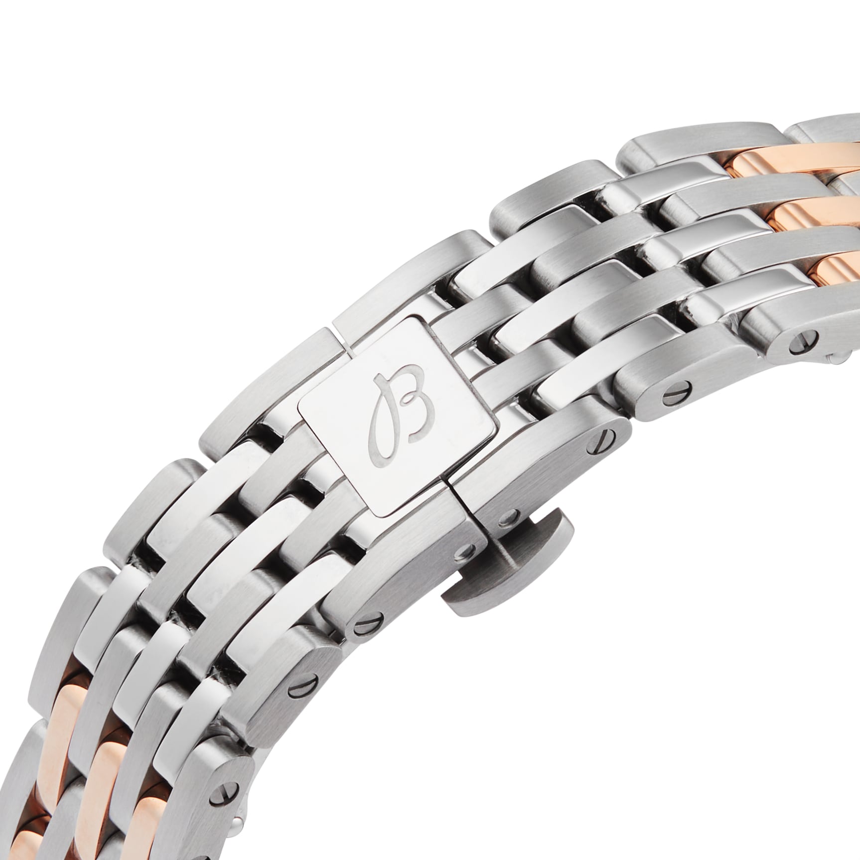 Close-up of the Breitling Navitimer 32 bracelet, featuring alternating silver and 18K red gold links with a clasp engraved with B—a perfect match for the iconic style.