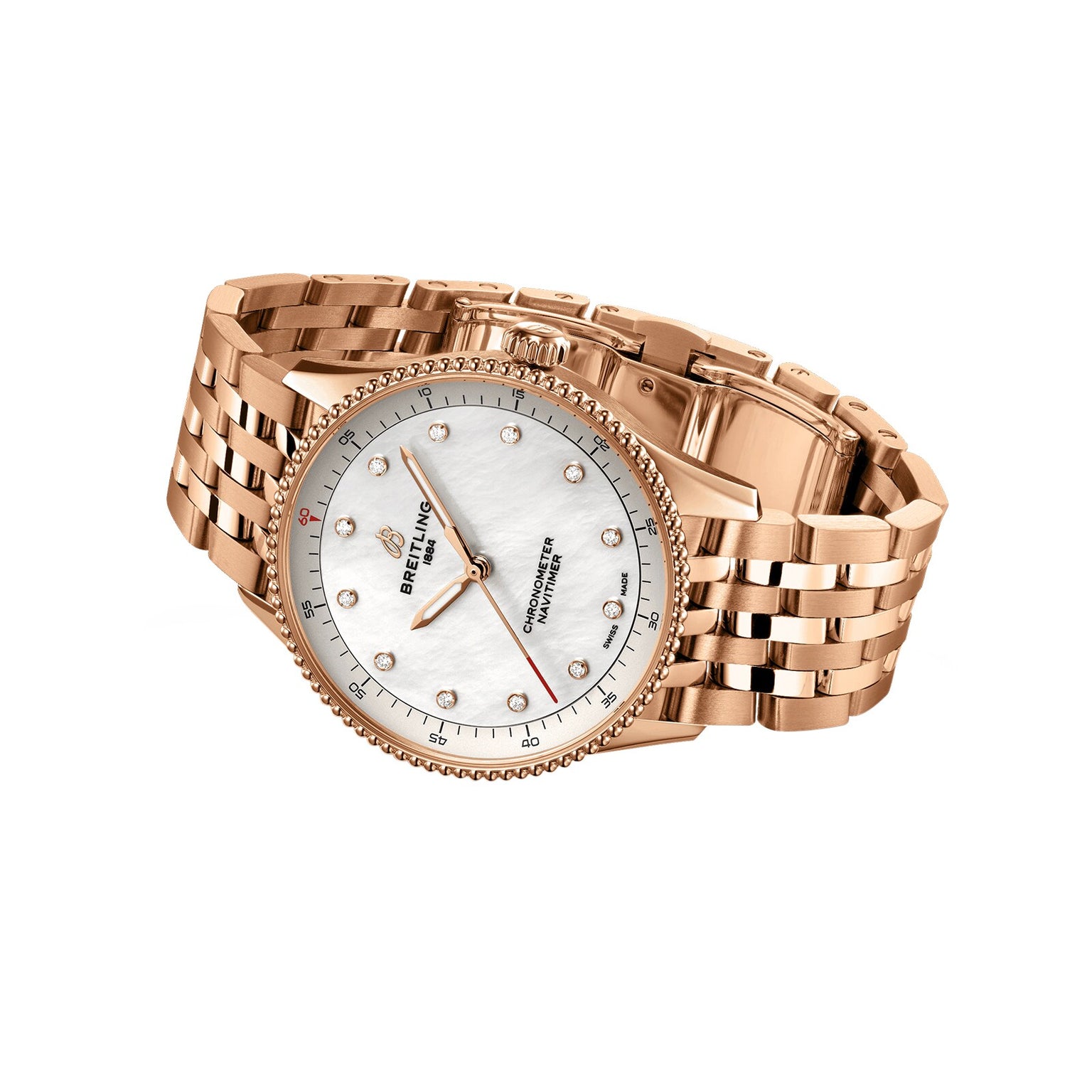 The Breitling Navitimer 32 features an 18K red gold link band, a mother-of-pearl dial with diamond hour markers, and a date window in a rose gold design.