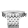 Side view of a silver Breitling Navitimer Automatic 36 with a metal link band, ridged bezel, knurled crown, and an eye-catching mint green dial.