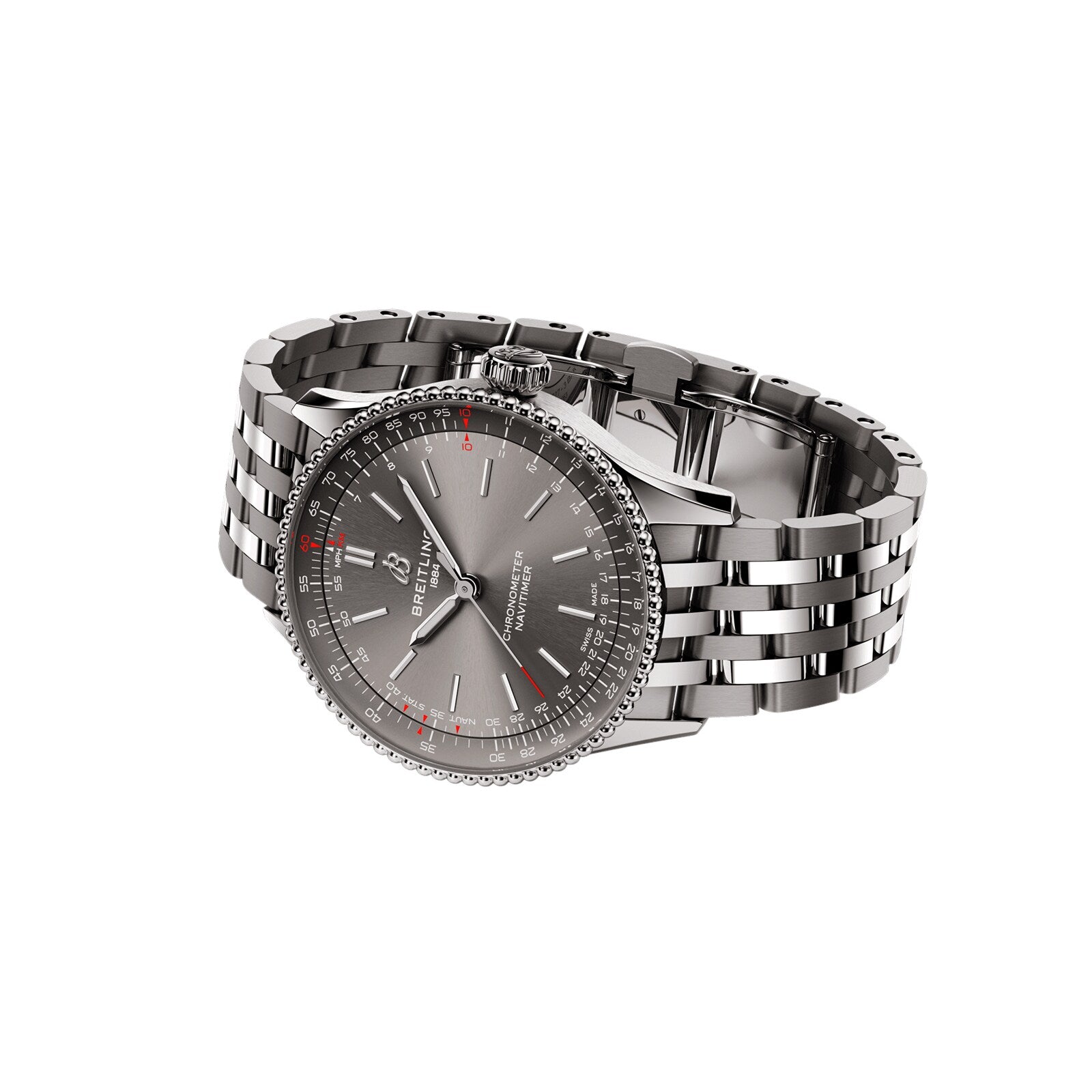 The Breitling Navitimer Automatic 36 wristwatch features a stainless steel band, gray dial, date display, and textured bezel, shown against a white background.