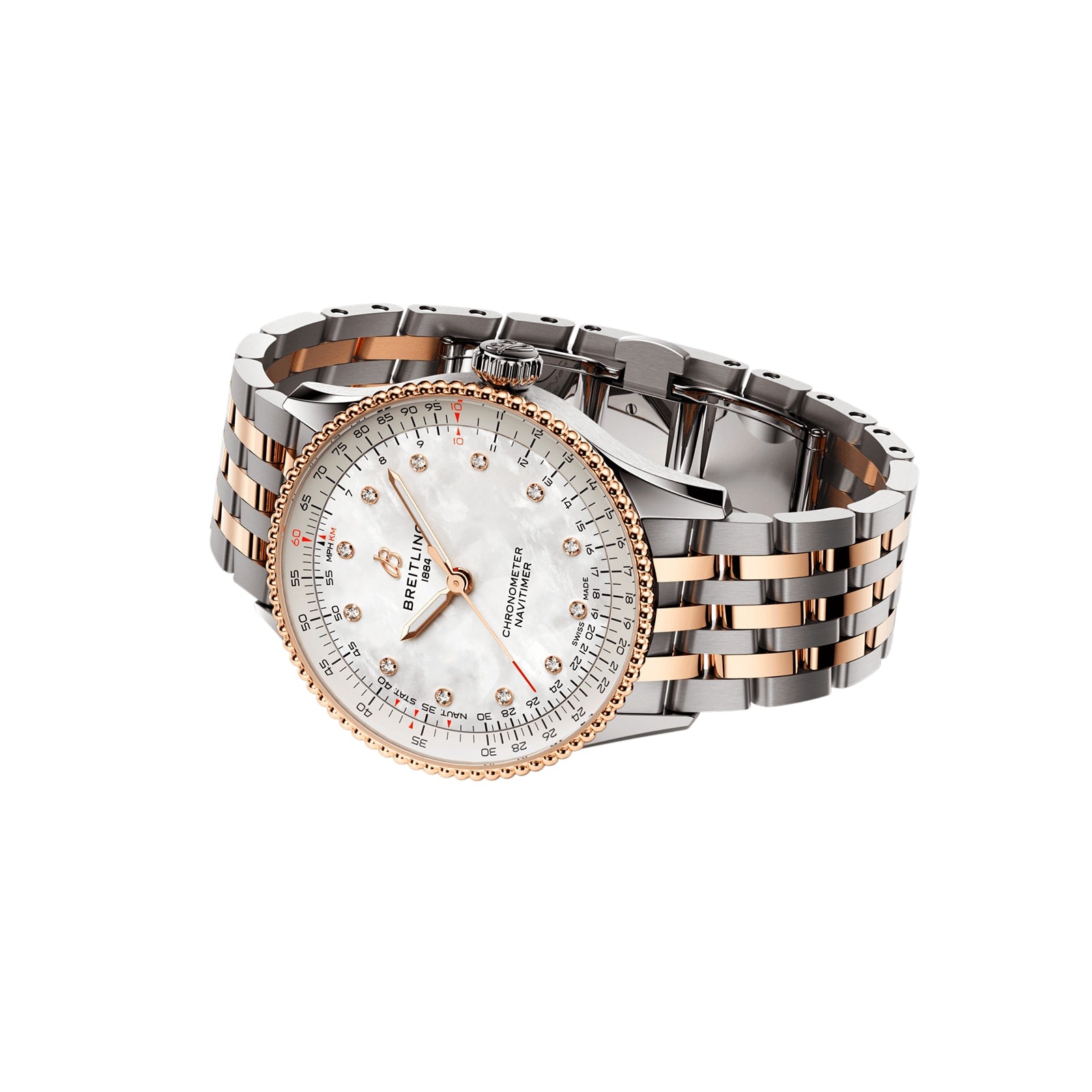 The Breitling Navitimer Automatic 36 features a two-tone metal link bracelet, white mother-of-pearl dial with diamond hour markers, and a gold bezel, displayed on a white background.