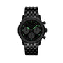 A Breitling Navitimer B01 Chronograph 41 wristwatch with a black dial, metal bracelet, luminous green markers, and three subdials highlights its aviation heritage against a white background.