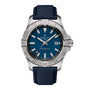 The Breitling Avenger Automatic 42 features a blue dial, silver bezel, date display at 3 o’clock, textured blue strap, and is powered by the Breitling 17 calibre movement.