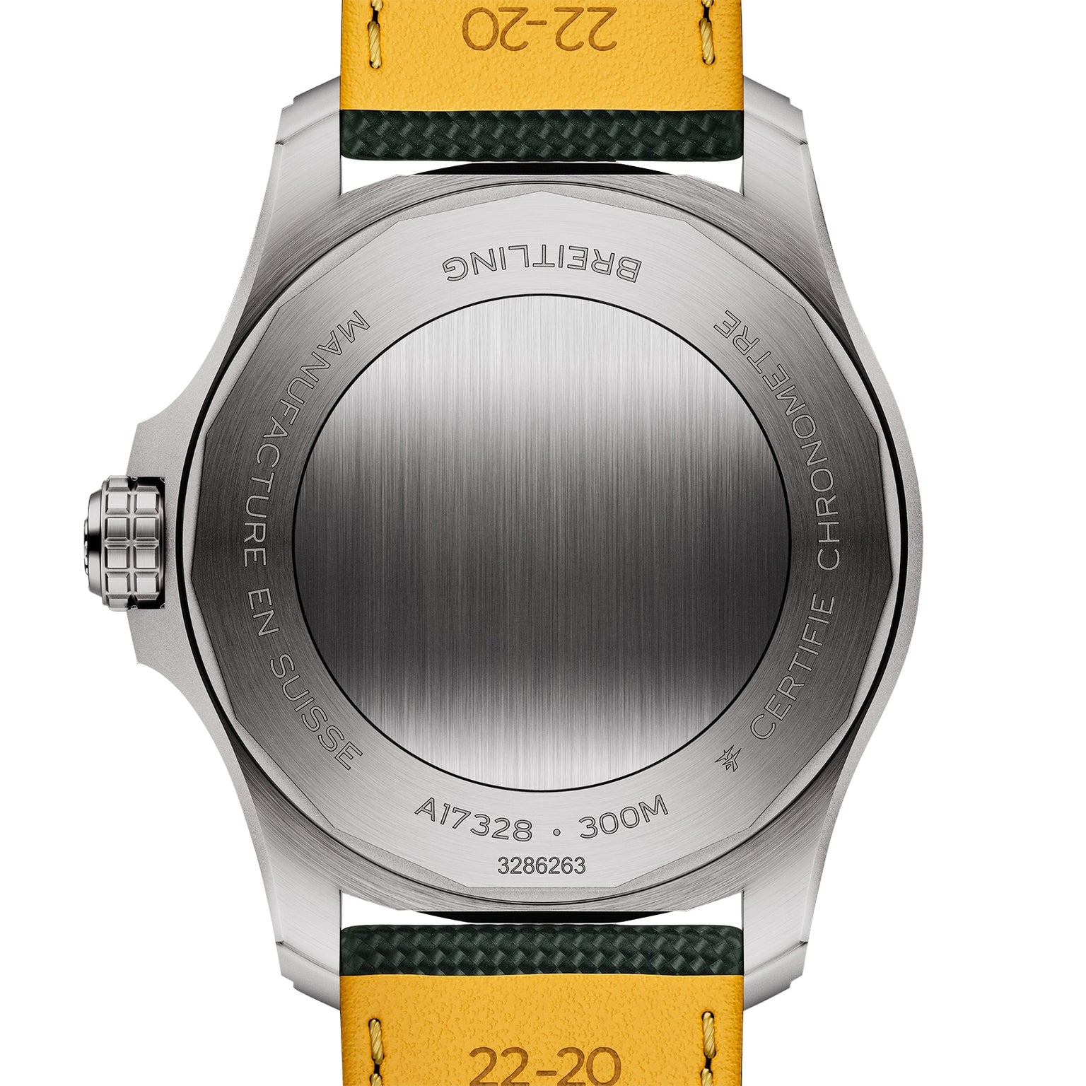 Back view of the Breitling Avenger Automatic 42 highlights its brushed stainless steel case with engraved text and a partial yellow and green military leather strap.