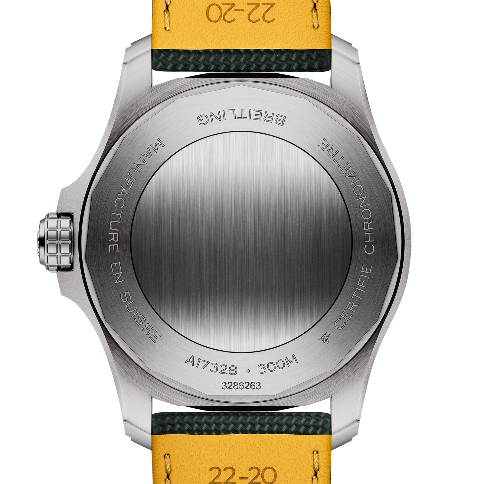 Back view of the Breitling Avenger Automatic 42 highlights its brushed stainless steel case with engraved text and a partial yellow and green military leather strap.