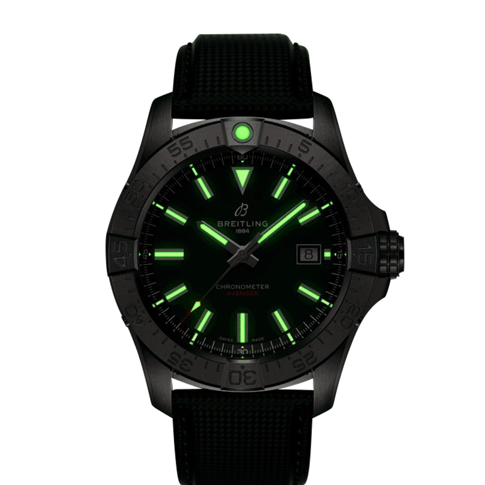 The Breitling Avenger Automatic 42 is a black wristwatch with a luminous dial, green glowing hour markers and hands, date window at 3 o’clock, and a durable military leather strap.