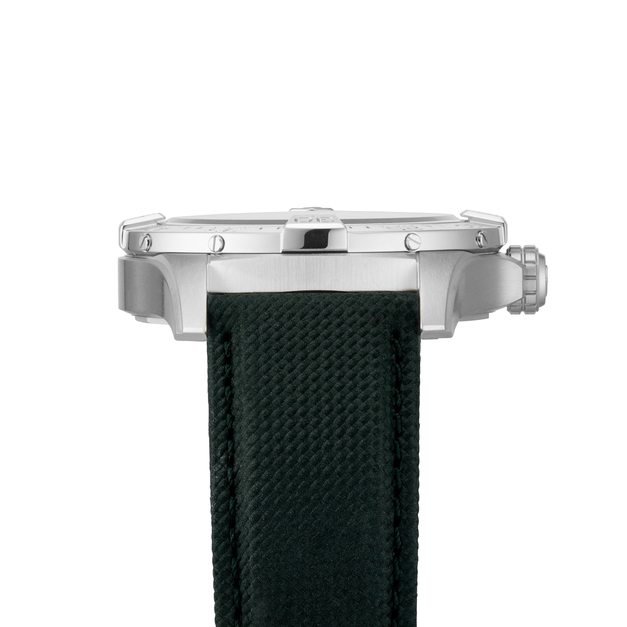 Side view of the Breitling Avenger Automatic 42, showcasing a prominent crown, stainless steel case, and dark military leather strap, powered by a self-winding mechanical movement.