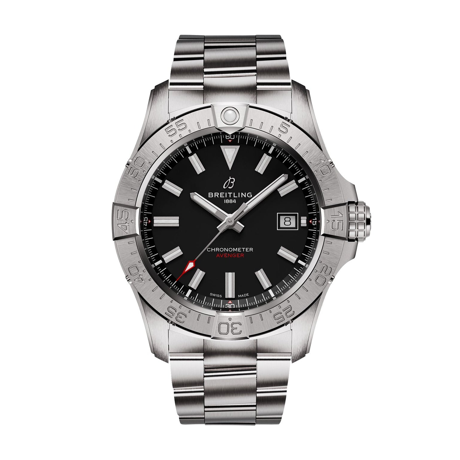 The Breitling Avenger Automatic 42 is a stainless steel watch with a military-style black dial, silver hour markers, date at 3 o’clock, and a metal bracelet. Powered by the precise Breitling 17 calibre movement.