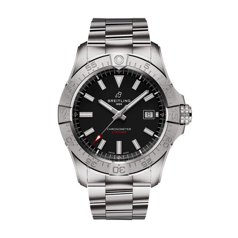The Breitling Avenger Automatic 42 is a stainless steel watch with a military-style black dial, silver hour markers, date at 3 o’clock, and a metal bracelet. Powered by the precise Breitling 17 calibre movement.