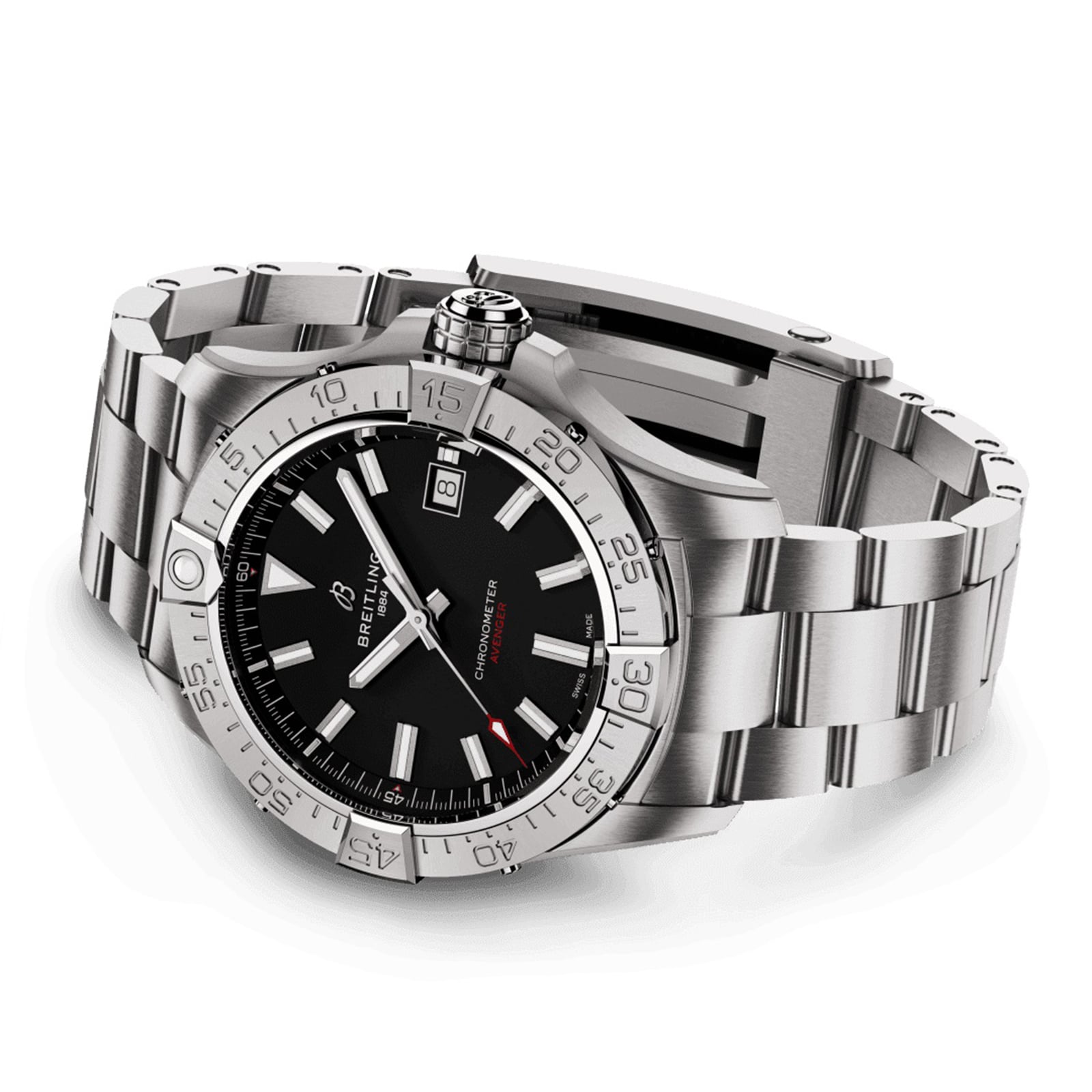 The Breitling Avenger Automatic 42 is a stainless steel wristwatch with a military-inspired black dial, date display, silver hour markers, metal link bracelet, unidirectional bezel, and Breitling 17 calibre movement.