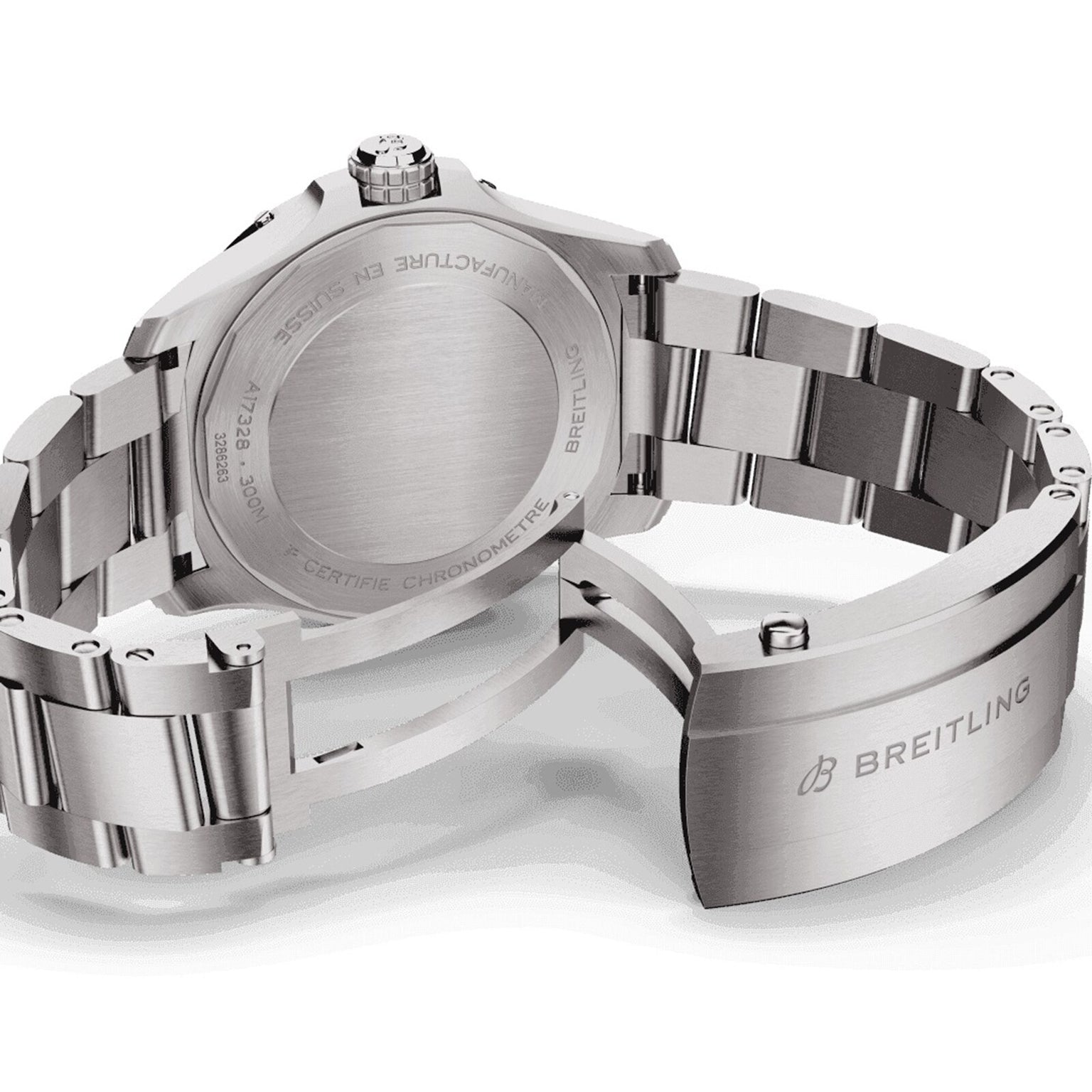 A close-up of the back of a stainless steel Breitling Avenger Automatic 42 with an open clasp, displaying its engraved case and bracelet, featuring the precise Breitling 17 calibre movement.