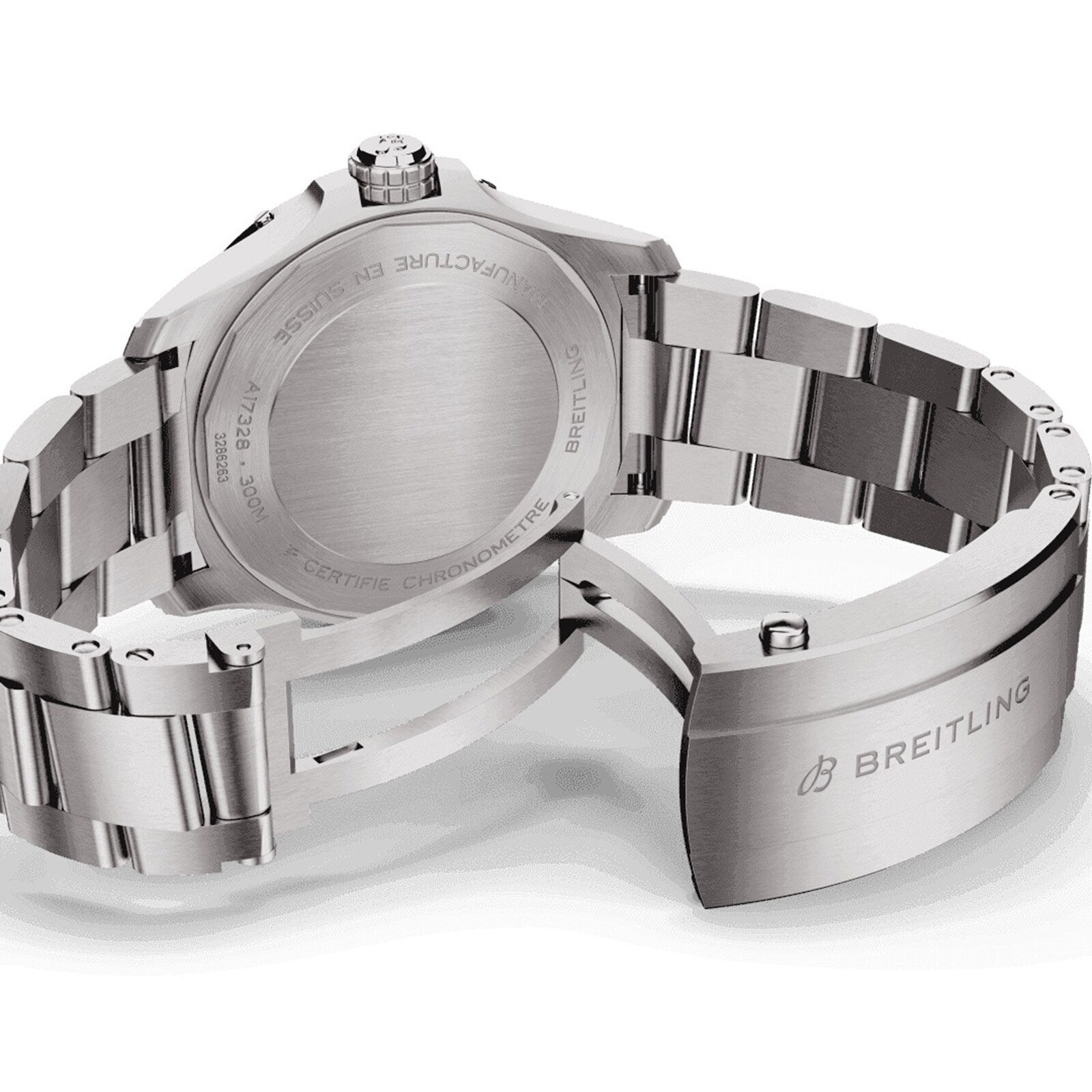 A close-up of the back of a stainless steel Breitling Avenger Automatic 42 with an open clasp, displaying its engraved case and bracelet, featuring the precise Breitling 17 calibre movement.
