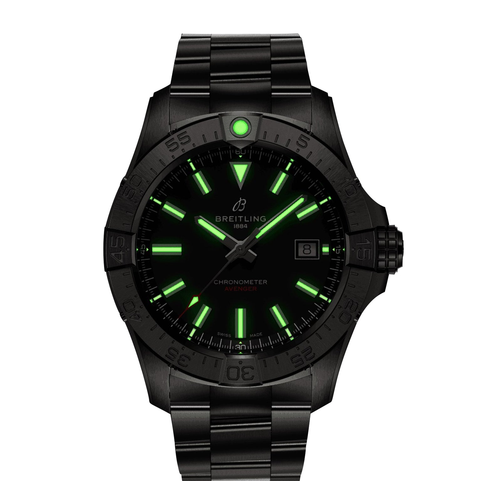 The Breitling Avenger Automatic 42 is a black wristwatch with luminous green hour markers and hands, a military-inspired black dial, date display at 3 o’clock, and a metal bracelet.