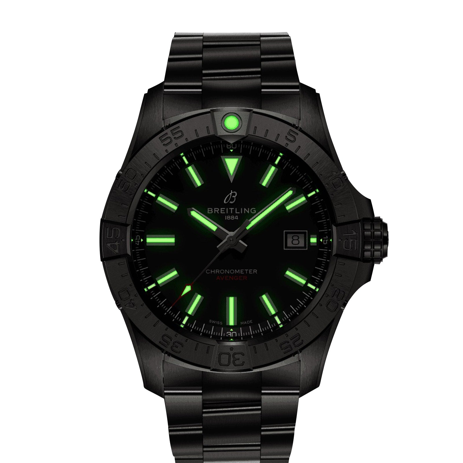 The Breitling Avenger Automatic 42 is a black wristwatch with luminous green hour markers and hands, a military-inspired black dial, date display at 3 o’clock, and a metal bracelet.