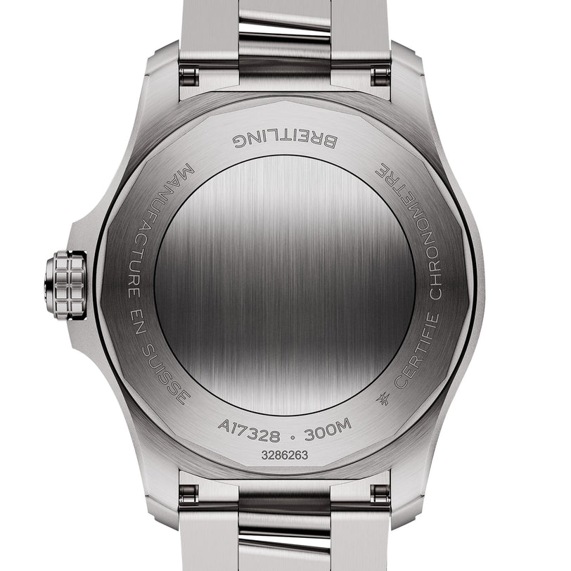 Back view of the Breitling Avenger Automatic 42 in stainless steel, engraved with brand name, water resistance (300M), model number (A17328), and Manufacture en Suisse, showcasing its military-inspired design.
