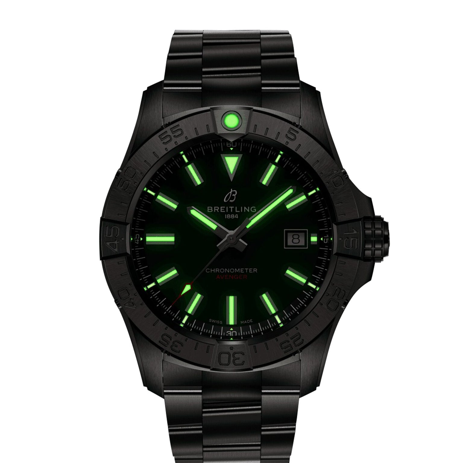 A Breitling Avenger Automatic 42 wristwatch with a black case, military green dial, luminous green markers and hands, date at 3 o’clock, and metal bracelet is displayed against a white background.