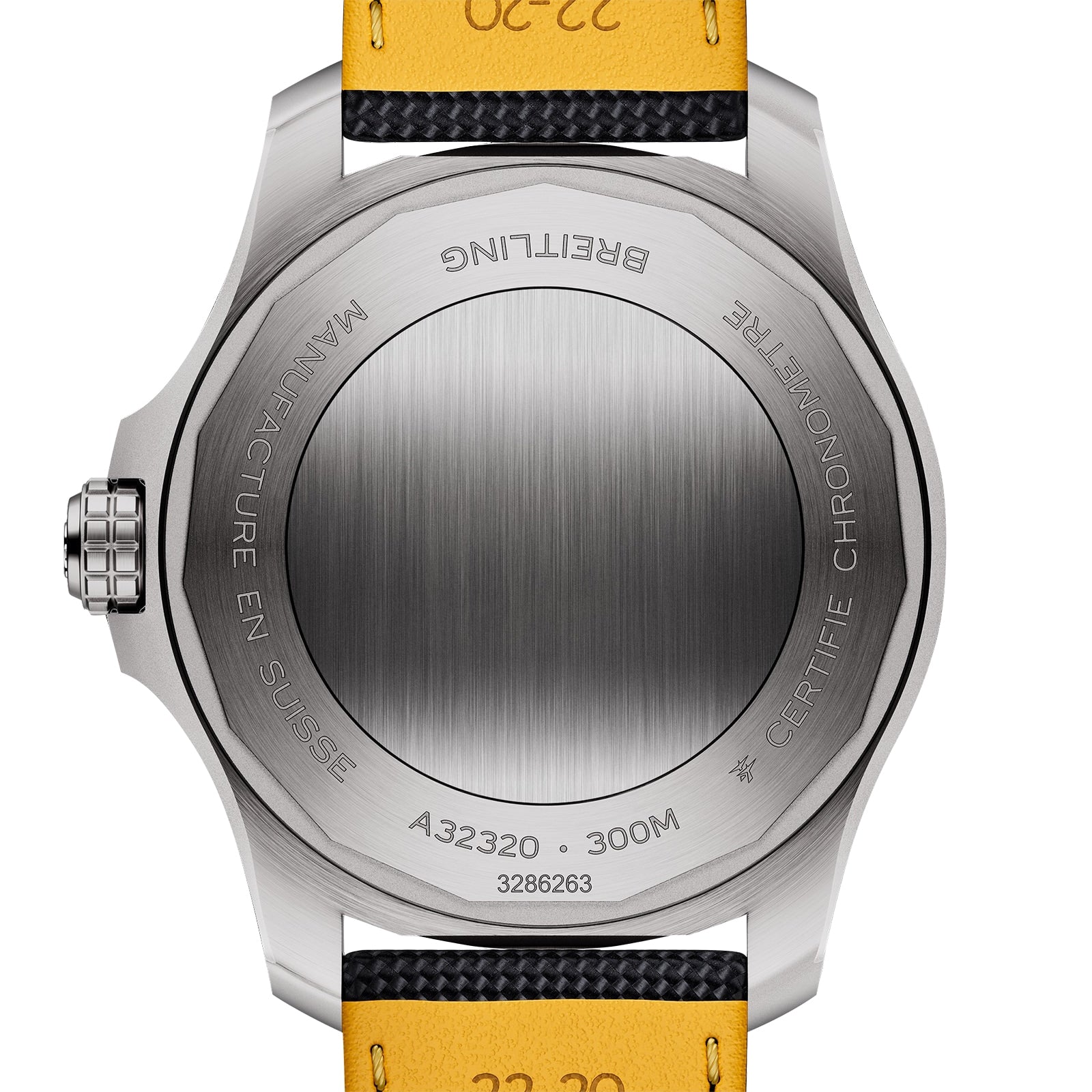 Back view of the Breitling Avenger Automatic GMT 44, featuring a stainless steel case, engraved details, model number A32320, 300M water resistance, and a military grade leather strap.