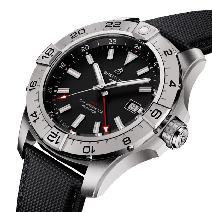 A close-up of the Breitling Avenger Automatic GMT 44 wristwatch featuring a black dial, date display, and a durable military-grade leather strap.
