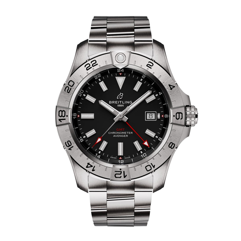 The Breitling Avenger Automatic GMT 44 features a stainless steel case, black dial, silver hour markers, date window at 3 o’clock, and a metal link bracelet.