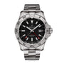 The Breitling Avenger Automatic GMT 44 features a stainless steel case, black dial, silver hour markers, date window at 3 o’clock, and a metal link bracelet.